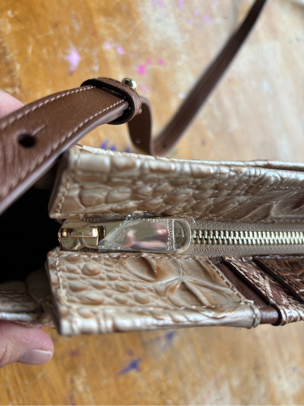 Brahmin Hilary Crossbody Beige and Brown Croc-Embossed Leather with Tassel - Picture 8 of 16